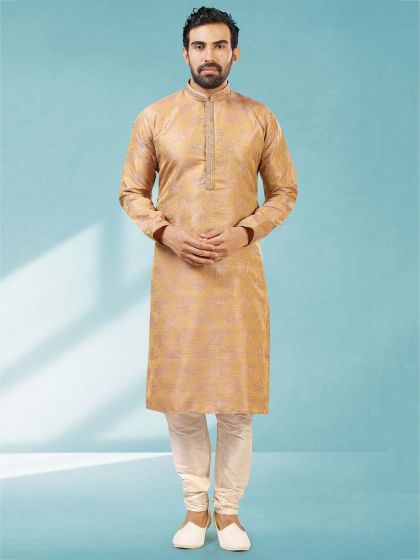 Yellow,Pink Colour Jacquard,Brocade Silk Mens Kurta Pajama.