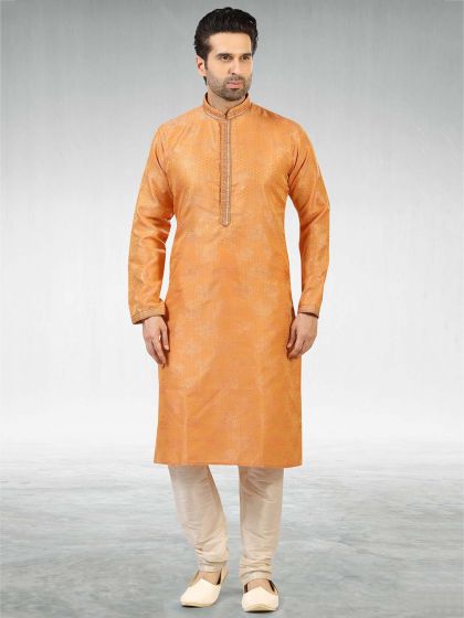 Orange Colour Jacquard,Brocade Silk Mens Kurta Pajama.