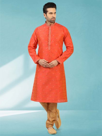 Rust Colour Jacquard,Brocade Silk Readymade Kurta Pajama.