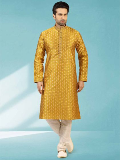 Yellow Colour Jacquard,Brocade Silk Fabric Wedding Kurta Pajama.