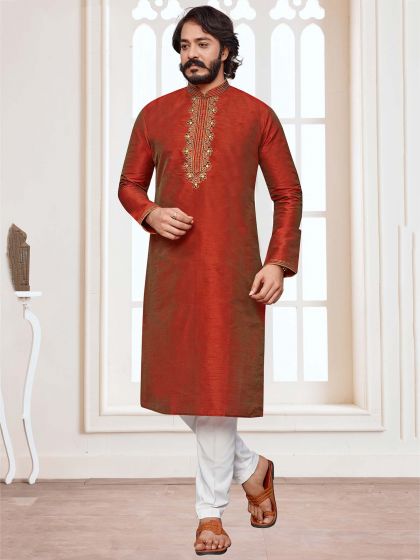 Art Silk Fabric Indian Wedding Kurta Pajama Red Colour.