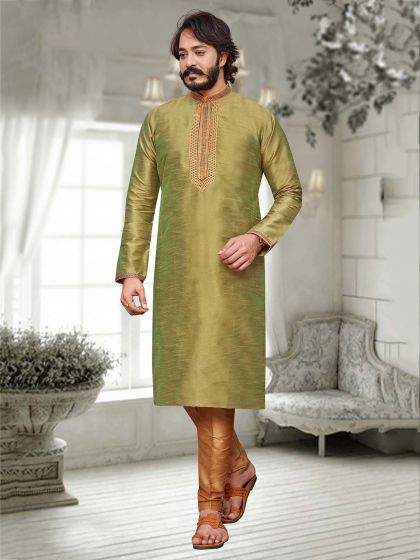 Light Green Colour Art Silk Fabric Mens Kurta Pajama.