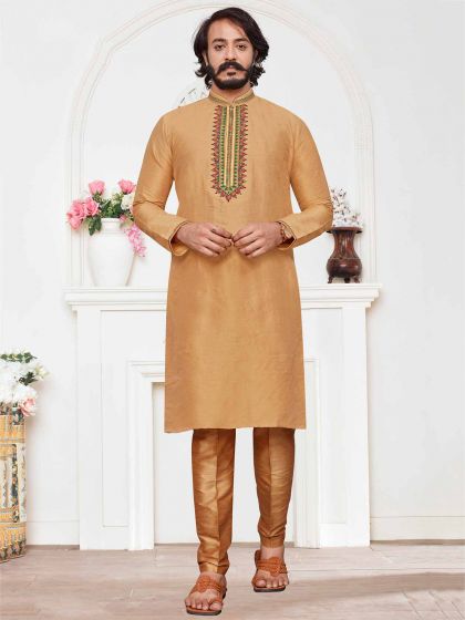 Cream Colour Art Silk Fabric Men's Designer Kurta Pajama.