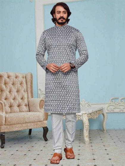 Designer Lucknowi Kurta Pajama Grey Colour in Art Silk Fabric.