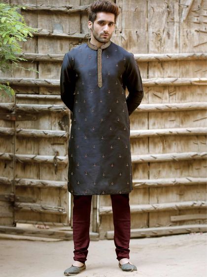 Black Colour Cotton Fabric Party Wear Kurta Pajama.