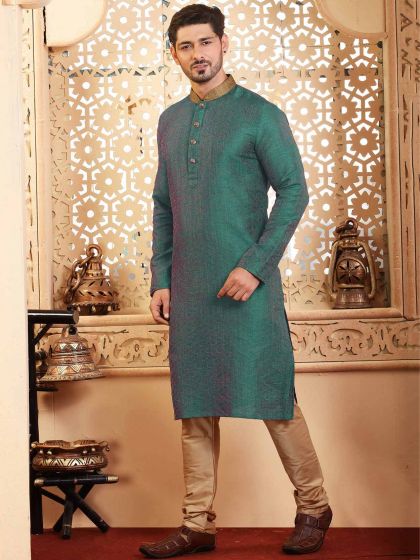 Teal Blue Colour Jacquard Fabric Kurta Pajama.