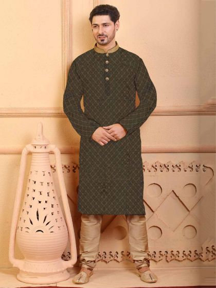 Navy Blue Colour Jacquard Fabric Mens Kurta Pajama.