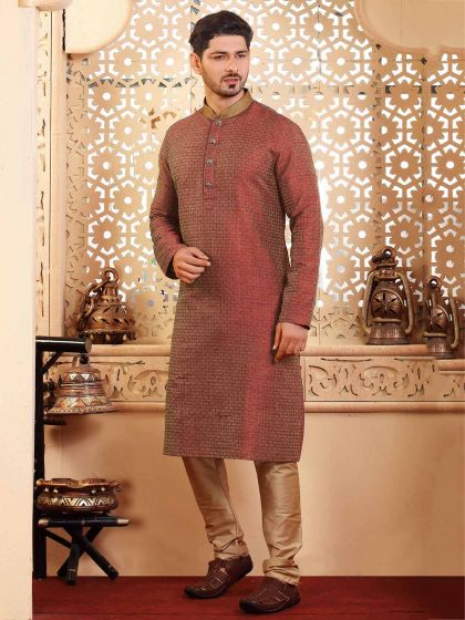 Jacquard Fabric Designer Kurta Pajama Golden Colour.