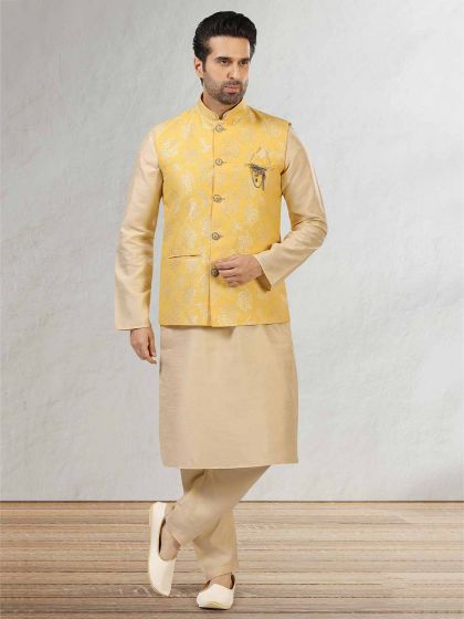 Yellow,Cream Colour Banarasi Silk Fabric Mens Kurta Pajama Jacket.