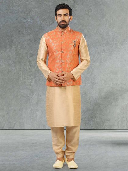 Orange,Golden Colour Jacquard,Banarasi Silk Fabric Kurta Pajama.