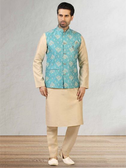 Turquoise,Cream Colour Jacquard,Banarasi Silk Fabric Kurta Pajama Jacket.