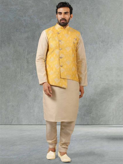 Yellow,Cream Colour Banarasi Silk Fabric Kurta Pajama Jacket.