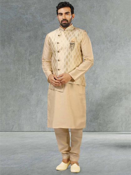 Cream Colour Jacquard,Banarasi Silk Fabric Mens Kurta Jacket.