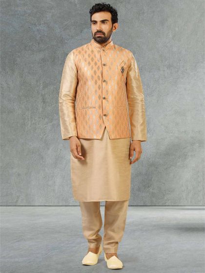 Peach,Golden Colour Mens Designer Kurta Pajama Jacket.