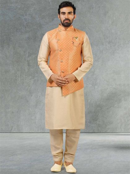 Peach,Cream Colour Jacquard,Banarasi Silk Fabric Mens Kurta Pajama Jacket.