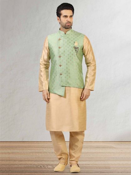 Green,Golden Colour Banarasi Silk Mens Kurta Pajama Jacket.