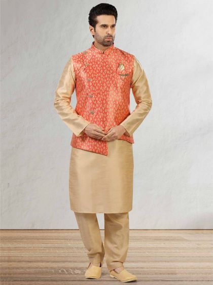 Dark Peach,Golden Colour Designer Kurta Pajama Jacket.