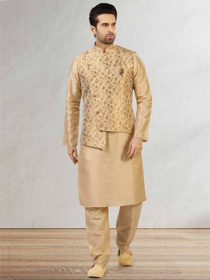 Beige Colour Banarasi Silk Fabric Designer Kurta Pajama Jacket.