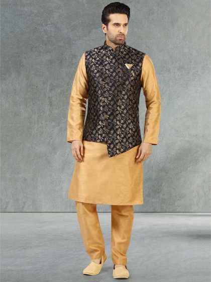 Blue,Golden Colour Banarasi Silk Fabric Mens Kurta Pajama Jacket.