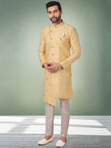 Jacquard,Brocade Silk Fabric Mens Indowestern Yellow Colour.