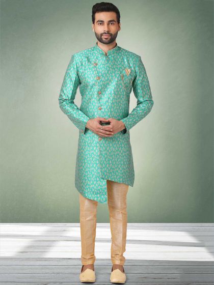 Turquoise Colour Jacquard,Brocade Silk Fabric Mens Kurta Pajama.