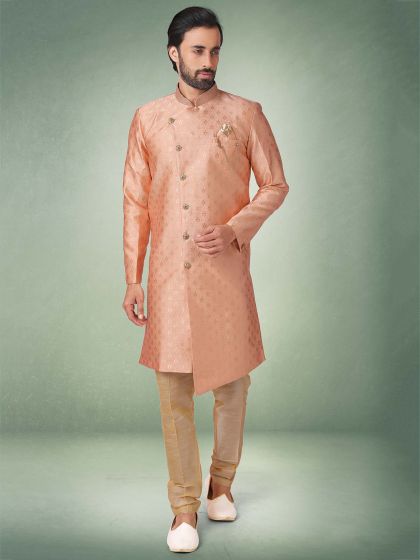 Peach Colour Jacquard,Brocade Silk Fabric Semi Indowestern Kurta Pajama.