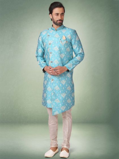 Blue Colour Semi Indowestern Jacquard,Brocade Silk Fabric.