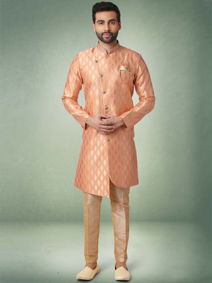 Peach Colour Jacquard,Brocade Silk Fabric Semi Indowestern.