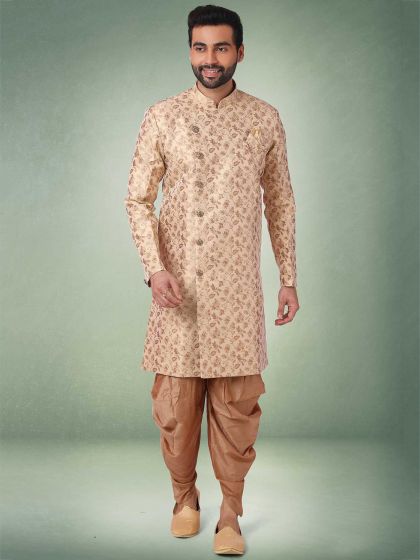 Beige Colour Jacquard,Brocade Silk Fabric Mens Kurta Pajama.