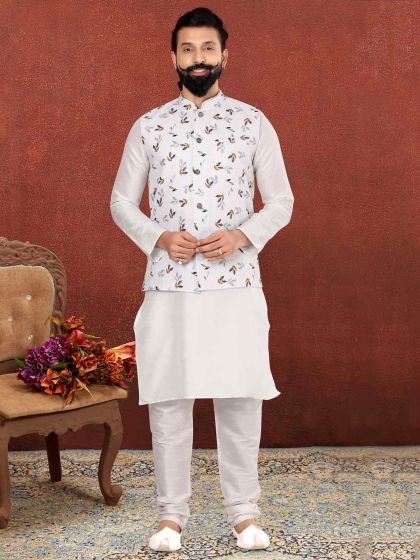 Dupion Silk Kurta Pajama Jacket Off White Colour.