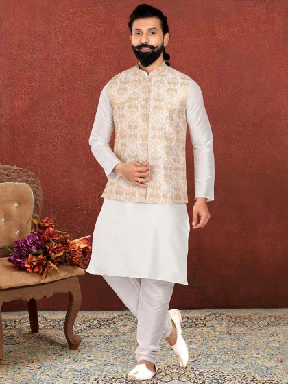 Off White,Beige Colour Mens Kurta Jacket in Dupion Silk Fabric.