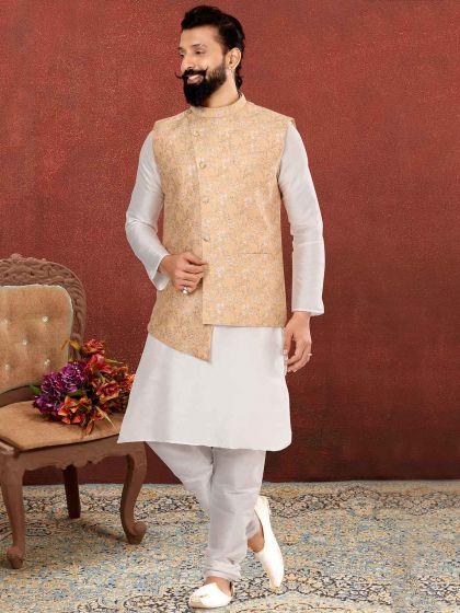 Off White,Peach Colour Readymade Kurta Jacket Jacquard,Dupion Silk Fabric.