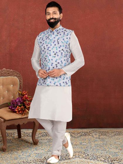 Mens Kurta Pajama Jacket Off White Colour Cotton,Dupion Silk Fabric.