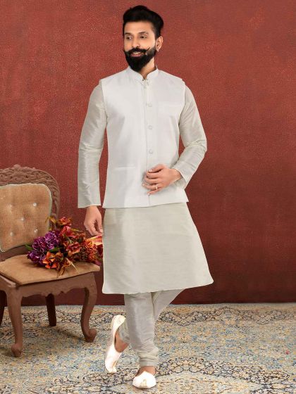 Cream,Silver Colour Dupion Silk Fabric Kurta Pajama Jacket.