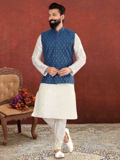 Blue,Off White Colour Mens Kurta Pajama Jacket Cotton,Dupion Silk Fabric.