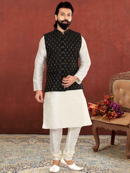 Off White,Black Colour Party Wear Kurta Pajama Jacket.