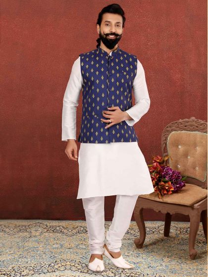 Off White,Blue Colour Party Wear Kurta Pajama Jacket.