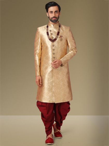 Golden Colour Mens Indowestern Jacquard,Brocade Silk Fabric.