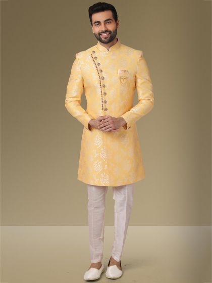 Yellow Colour Designer Indowestern in Jacquard,Brocade Silk Fabric.