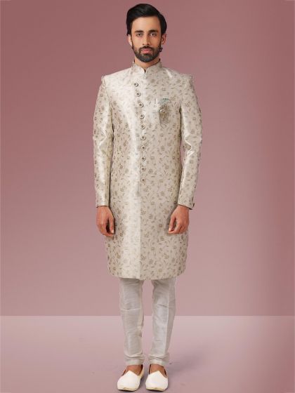 Cream Colour Party Wear Indowestern in Jacquard,Brocade Silk Fabric.