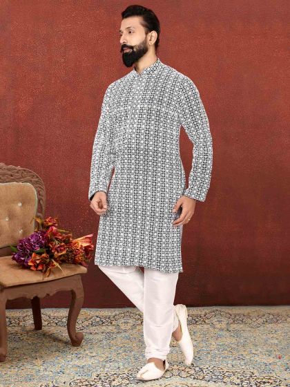 Georgette Fabric Mens Kurta Pajama White,Black Colour.