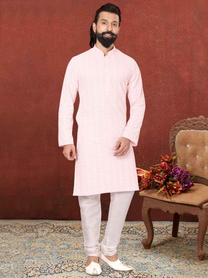 Pink Colour Georgette Fabric Mens Kurta Pajama.