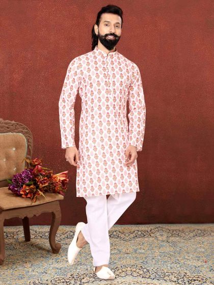 Off White,Pink Colour Cotton Fabric Digital Print Kurta Pajama.