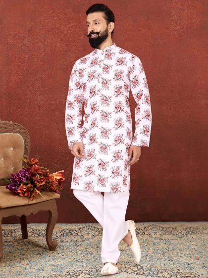 White Colour Cotton Fabric Digital Print Kurta Pajama.