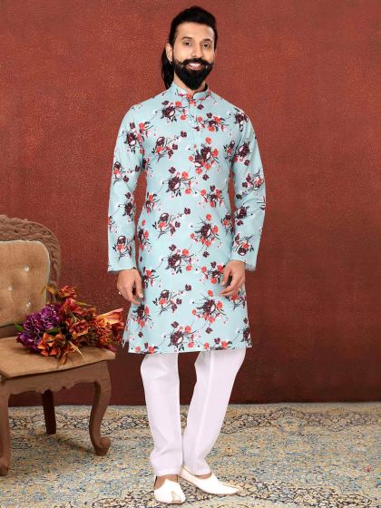 Sky Blue Colour Cotton Kurta Pajama For Men.