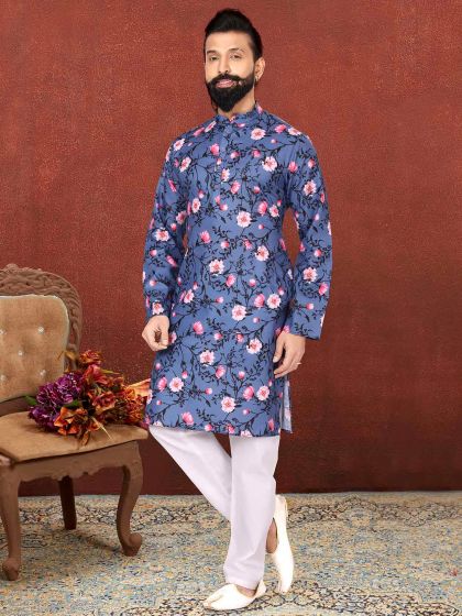 Blue Colour Cotton Fabric Printed Kurta Pajama.