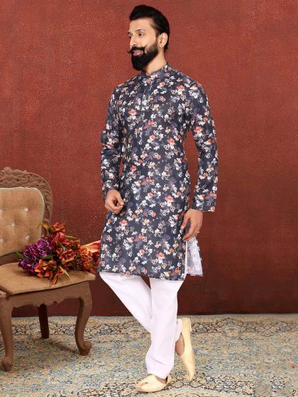 Digital Print Kurta Pajama Blue Colour.