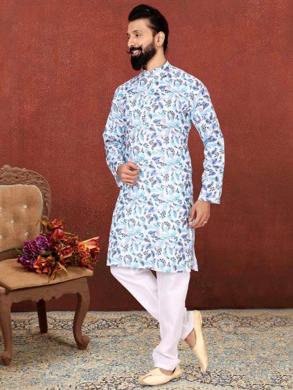 White,Sky Blue Colour Cotton Kurta Pajama.