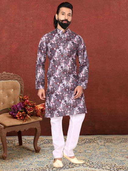 Grey Colour Cotton Fabric Digital Print Kurta Pajama.