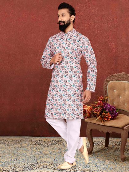 Baby Pink Colour Cotton Fabric Mens Kurta Pajama In Digital Print Work.